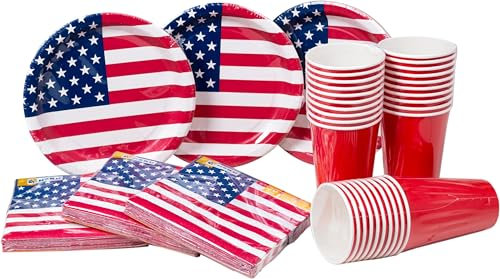 HEKU Juego desechable para fiestas, 120 piezas, diseño de bandera americana, incluye platos de papel con diseño, vaso de fiesta (0,473 l) y servilletas (33 x 33 cm), ideal para fiestas y eventos