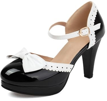 Mode Frauen High Heels Bogen Plattform Runde Zehe Pumpen Leder Sommer Süße Schuhe(Black 2-1,37)