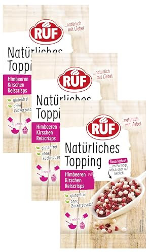 RUF Natürliches Topping mit Himbeeren, Kirschen, Reiscrisps, ohne künstliche Zusatzstoffe, Fruchtmix für Porridge und Gebäck, glutenfrei, vegan, 15g (Packung mit 3)