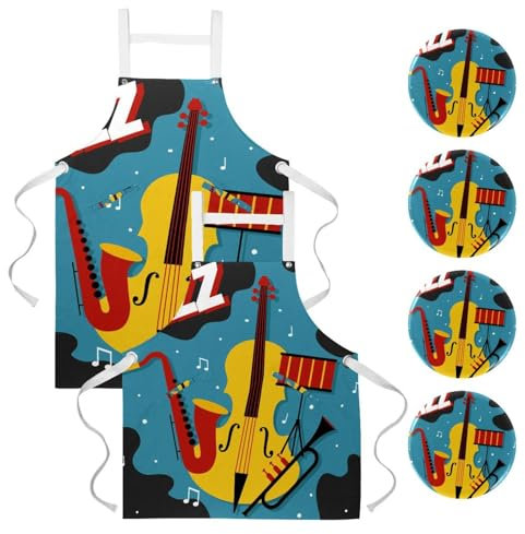 Küchenschürze, Kochschürze, Kellnerschürze zum Kochen, Backen, Hausreinigung, Restaurant, Arbeit, Bistro, Bar mit 4 Broschen, Anstecknadeln – Jazz-Poster, Vektorgrafik, 2 Packungen, multi, One Large