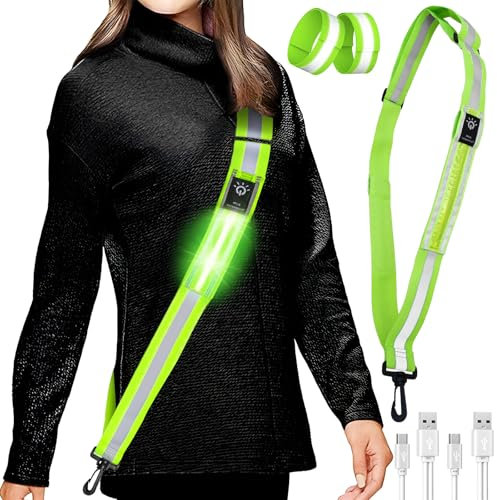Wenosda Reflektor Gürtel, LED Lauflampe Reflektorbänder Gürtelschärpe USB Aufladbar Verstellbar Nacht Sicherheitslicht Reflektorgurt für Joggen Running Laufen Fahrradfahren Hundewandern