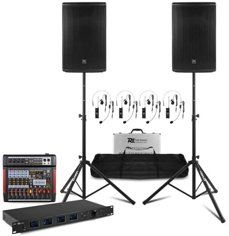 Professional PA System with 12 Speakers, Wireless Headset microphone & wireless Lapel Microphones, 6-Channel Mixer, Bluetooth, 380 DSP Effects, Speaker Stands - Mobile PA for Events & Performances