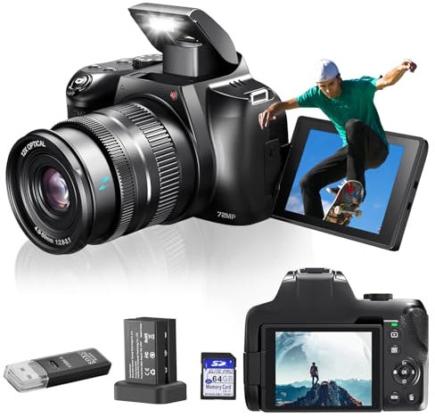 4K Digital Camera for Photography - 12x Optical Zoom 72MP Vlogging Camera for YouTube with 3 Inch 180° Flip Display, Autofocus Compact Camera with Battery, 64GB SD Card, USB Card Reader and Charging