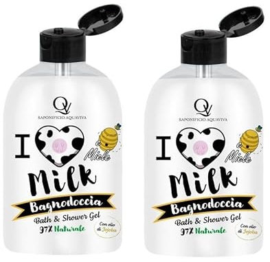 Bagnoschiuma Set da 2, 4 o 8 Pezzi, 500 ml, Fragranze Cookies, Cocco e Cioccolato, Cheesecake, Latte e Miele (2 pezzi, LATTE&MIELE)