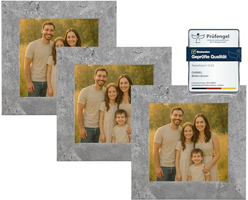 CABBEL Bilderrahmen 10x10 cm aus MDF | Acrylglas bruchsicher | Grau (Beton) | 3er Pack | Quadratischer Fotorahmen zum Aufstellen oder Aufhängen | Modern & stabil