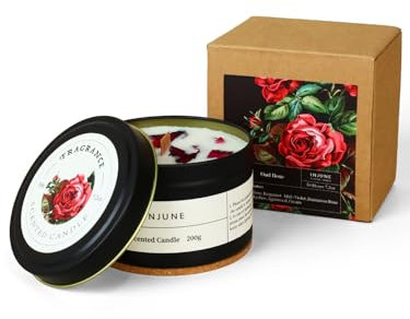 Duftkerze für Weihnachten, natürliches Wachs, 200 g, Brenndauer 50 Stunden, Duft von Kirsche und Rose, Holzdocht, Metalldose (Oud Rose)