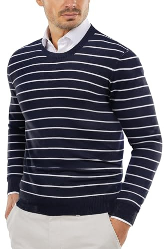 COOFANDY Men's Crew Neck Jumpers Knitted Jumper Horizontal Stripes Jumpers Mens Sweaters Navy Blue White XXL