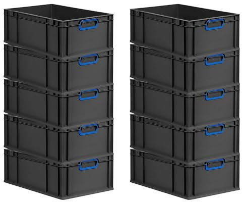 PROREGAL SparSet 10x Eurobox NextGen Color | HxBxT 22x40x60cm | 44 Liter | Griffe blau geschlossen | Verstärkter Boden | Schwarz | Eurobehälter, Transportbox, Transportbehälter, Stapelbehälter