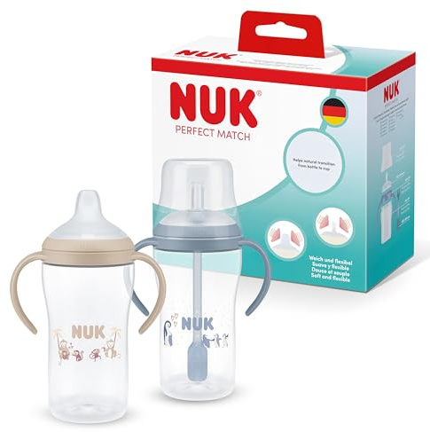 NUK Perfect Match Learner Biberon | 6+ mesi | 260 ml | Bicchiere antigoccia con cannuccia per bambini | Manici antiscivolo | Blu | Confezione da 2