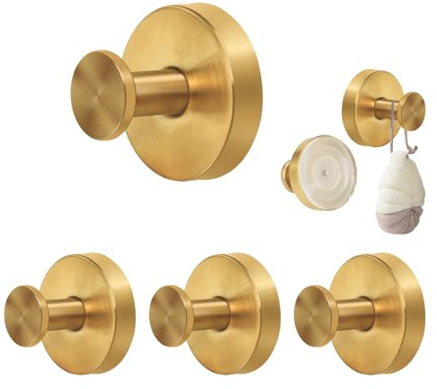 CxutSa 4PCS Gold Suction Hooks for Bathroom Suction Cup Hooks Stainless Steel Waterproof Shower Hook Suction Towel Holder for Shower Kitchen Hanging up to 11lbs