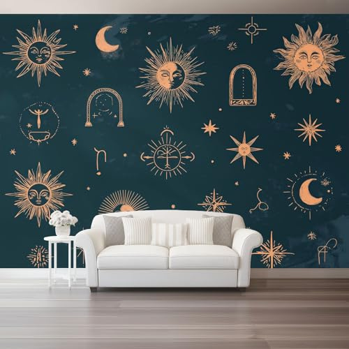 Fototapete Vintage Himmelskörper Mond Sterne - Schwarz Tapeten Wanddeko 150 x 105 cm Wandbild Moderne Wandtapete Büro Flur Vlies Tapete Wohnzimmer Schlafzimmer Dekoration
