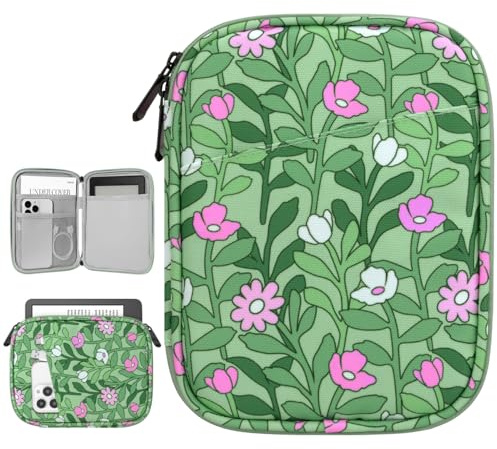 Vinabilia 6-7 Pouces Protectrice Housse pour E-Reader, Cyan+Fleurs | pour 7 Nouveau Kindle Paperwhite et Kindle Colorsoft Signature Edition, 6 Kindle, Sac de Transport pour Kobo E-Reader
