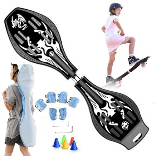 ZQHQKJ Waveboard mit LED Rädern für Kinder und Jugendliche, 360° Lenkung, bis 100kg - inkl. Protektoren-Set und Tasche - rutschfest robust,Drachenmuster schwarz
