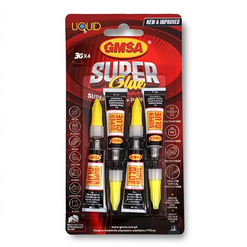 GMSA 4 Pack SuperGlue - 3g Fastest & Toughest Adhesive Instant Repair Super Glue All Purpose in Red Card packing - Strong Super glue for Hard Plastic, Rubber, Metal, Leather, Wood & as Shoe Glue