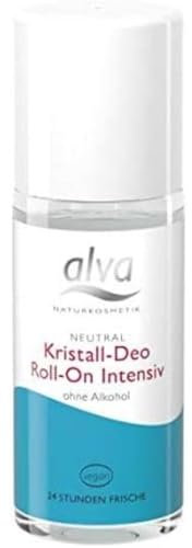 alva Naturkosmetik Kristall Deo Roll-on Intensiv 50 ml - Natürliches Deodorant – 24 Stunden Schutz – Natürlich, vegan, alkoholfrei, zertifiziert - Für Sportler und starkes Schwitzen