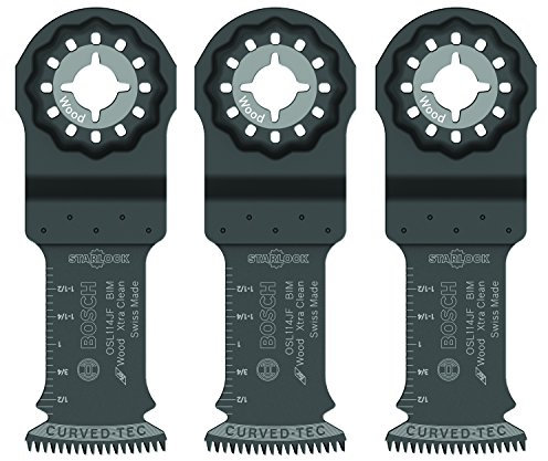 BOSCH Starlock OSL114JF-3 - Confezione da 3 lame oscillanti multiuso per legno, curve, bimetalliche, Xtra-Clean, per applicazioni nel taglio di legno, legno duro, laminato