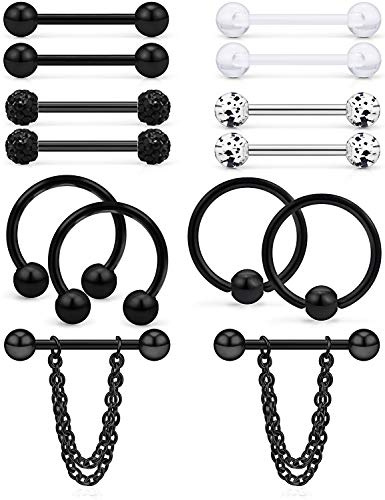 Hoeudjo 14Pcs 14G Surgical Steel Chain Dangle Nipple Rings Barbell Nipplering Piercing Jewelry Retainer for Women Black Clear Plastic Externally Threaded