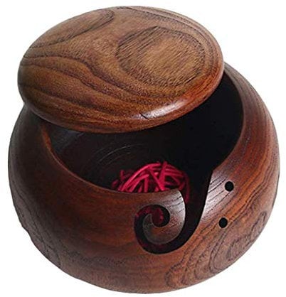6.3 Zoll Holz Garn Schüssel Holzschale Garn Aufbewahrung mit Deckel - Zubehör Organizer für Näh und Crochet Halterung - Handgefertigt Stricken Schalen mit Geschnitzte Löcher und gebohrte Löcher #1