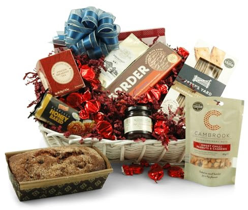 British Food Hamper with Red, White & Blue Theme - Tea, Biscuits, Fruit Cake & More - Hamper Gift for Anniversary, Birthdays, Hampers for Couples