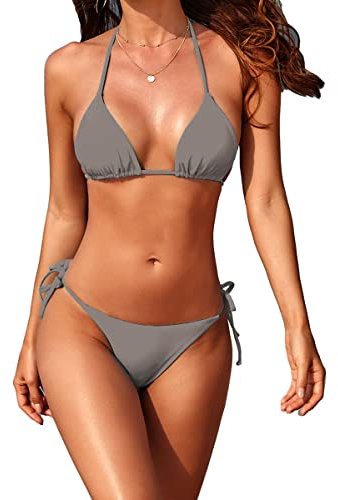 Tainehs Damen Sexy Neckholder Tanga Bikini Krawatte Zwei Seiten Unterteil Triangel Bikini Badeanzüge, hellgrau, Medium