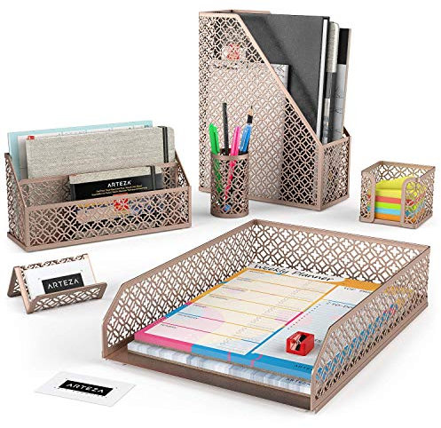 ARTEZA Desk Organiser Set in Rose Gold: Pencil & Pen Organiser, Letter Sorter, Letter Tray, Mesh Magazine Rack, Name Card & Sticky Note Holder