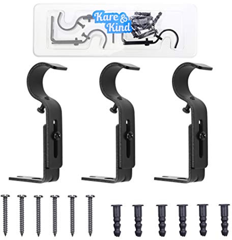 Kare & Kind Adjustable Brackets for Curtain Rods - Black - Set of 3 - Extendable Mounts - Use to Hold 1 Inch Rods for Light to Heavy Curtains, Fabrics, Draperies, Tapestries - Rust Proof Wall Mount