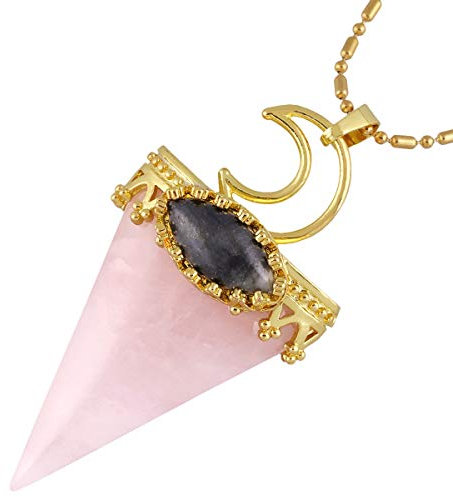 KYEYGWO Lune Collier en Pierre de Cristal Triangulaire pour Femme, Pointé Protection Pendentif en Pierre Precieuse avec Chaîne, Quartz Rose
