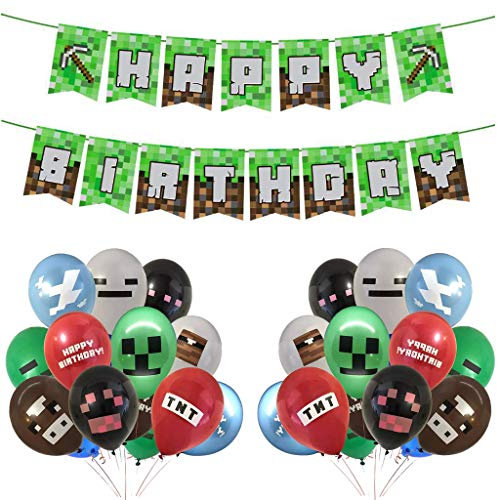 Ouceanwin Video Game Partyzubehör Set, Happy Birthday Banner, 24pcs Video Game Party Luftballons, Miner Gamer Thema Geburtstag Partydeko für Kinder Jungen Geburtstagsfeier Spiel