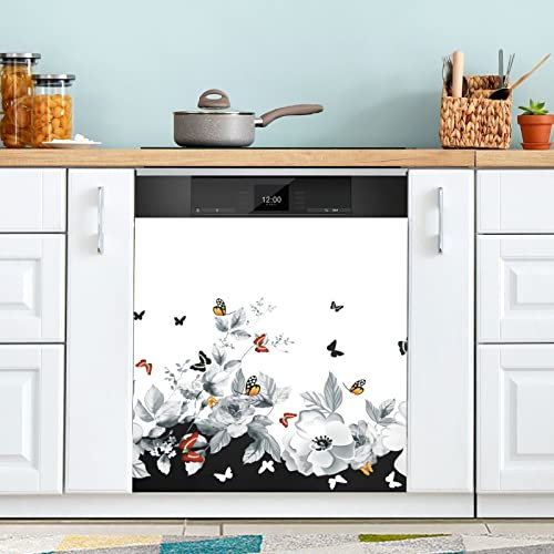 Front Dishwasher Magnet Sticker Cover Decorative Appliances Stickers Flower White Black Refrigerator Skins Dishwasher Panel Decals