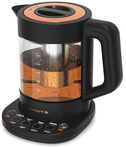 Hot Tea Maker Electric Glass Kettle with tea infuser and temperature control. Automatic Shut off. Brewing Programs for your favorite teas and Coffee.