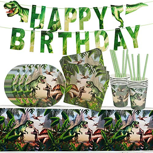 Gxhong Dino Geburtstag Deko Partyzubehör Set,Dino Thema Party Supplies Set Geburtstag Geschirr Kit Pappteller Becher Strohhalme Servietten Tischdecke Banner,für Kinder Geburtstag Party Dekoration