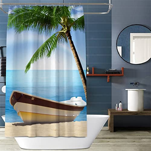 Musihy Duschrollo 240, Badevorhang Blau Kokosnuss-Strandboot Badevorhang Motiv Extra Breite Duschvorhänge