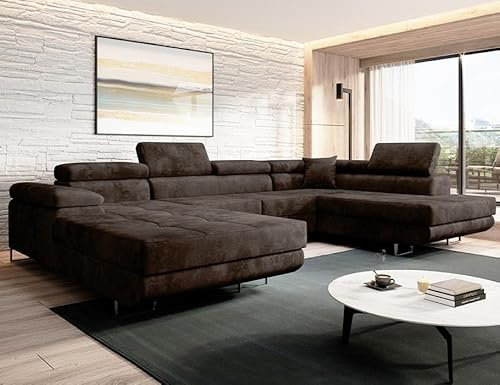 Moderno Ecksofa mit Schlaffunktion und Bettkasten VARBERG - Sofa mit Robusten Überzug - Schlafcouch U-Form - Modern Couch - 72x345x205 cm - Rechts Braun