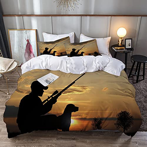 URSOPET Bettwäsche-Set,Mikrofaser,Fowling Theme Hunter mit Schrotflinte und Hund,der auf dramatischen Sonnenuntergang abzielt,1 Bettbezug 240 x 260 cm + 2 Kopfkissenbezug 80x80cm