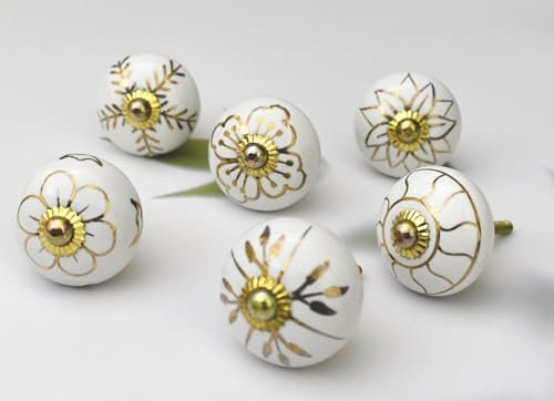 ARTISNO Keramikknäufe, Grau, für Küchenschränke, Möbel, Badezimmer, Kommoden, Schubladen, Truhen, handgefertigt, Keramik, dekorative bunte Griffe, 10 Stück'. (White & Gold, Set of 6)