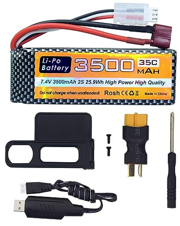 7.4V 3500mAh 35C 2S Li-ion Battery with T-Plug with USB Charging Cable for MJX H16P H16E H16GT H16BM H16PL 14301 HP161S HP163S HP141 HP141S RC Car High Speed Drift Model Toy Car Upgrade Battery