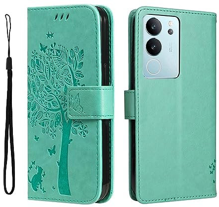 PEIYE Funda para Vivo V29 5G - Carcasa de Cuero Suave, Tapa Libro, Billetera con Cierre Magnético, Antigolpes Silicona Suave, Relieve Elegante - Cover Case -Verde