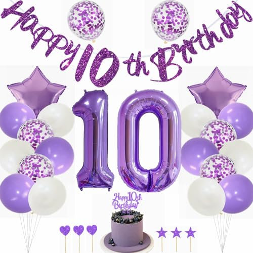 Kiwochy Lila Geburtstag Deko für Mädchen 10 Jahre - Luftballons, Tortendeko, Folienballon mit Nummer 10 Party Dekoration