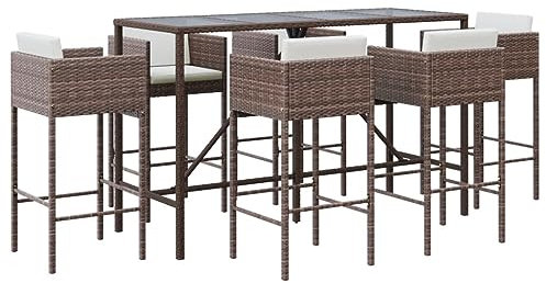 vidaXL Mesa y taburetes Altos jardín 7 pzas y Cojines ratán PE marrón