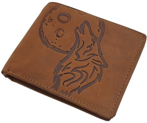myledershop Büffel-Vollleder Geldbörse (Modell 2 / Querformat/Cognac) | RFID & NFC Schutz, Wolf-Motiv, Geldbeutel, Portemonnaie, Geldtasche