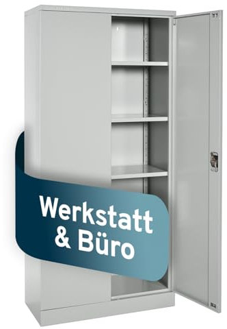 SCHÄFER SHOP Stahlschrank abschliessbar für Werkstatt & Büro 195x92x42cm, Werkstattschrank sowie Werkzeugschrank mit 4 höhenverstellbaren Einlegeböden Lichtgrau