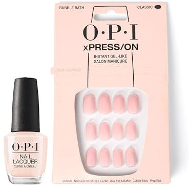 OPI xPRESS/ON Press On Nails & Cuticle Oil, 30 Pcs Reusable False Nails with up to 14 Days of Wear, Deeply Nourishing Cuticle Oil, Gel-Like Salon Manicure, Vegan, Bubble Bath Nude Nail Polish