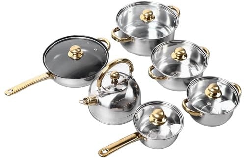 Set di Pentole e Padelle in Acciaio Inossidabile da 12 Pezzi, Set Pentole Professionali con Manico Oro, Set da Cucina per Tutti i Piani Cottura Padella per Tutti i Piani Cottura,