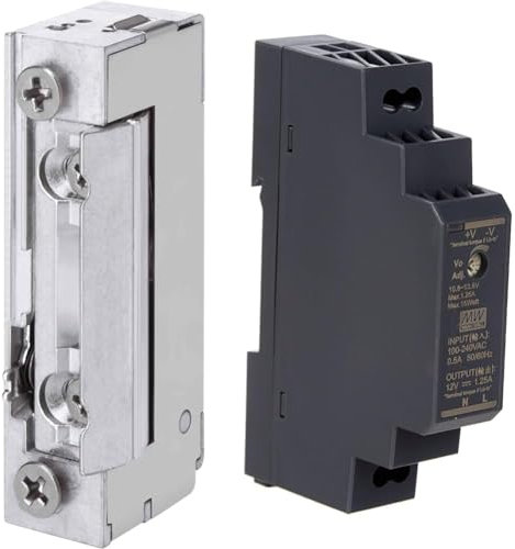 Eff-Eff 118E-A71 Türöffner 118E FaFix 10-24V AC/DC ohne Schließblech & Hutschienen-Netzteil, 15 W, 12 V, 1,25 A; MeanWell HDR-15-12; DIN-Schienen-Transformator.