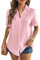 WINKEEY Chemisier Femme Élégant en Lin à Manche Courte Blouse Chic d'été Col V Top Léger avec Boutonss, Rose L