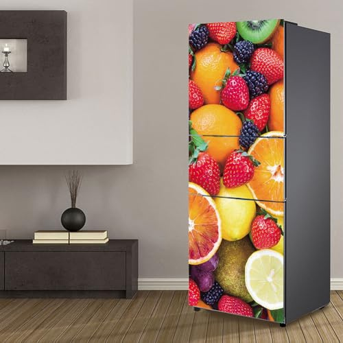 Kühlschrank aufkleber küche sticker, Kühlschrankaufkleber mit vollständiger Abdeckung der Tür, Kühlschrankabdeckungen, Wandaufkleber für die Küche, Obst in den Farben Erdbeere und Orange
