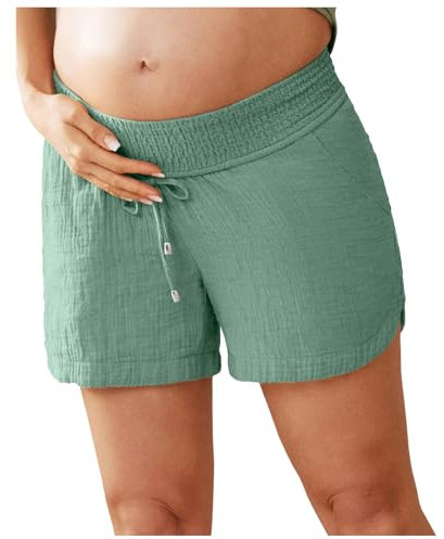 Short Lin Coton Enceinte Grossesse Taille élastique été Short Maternité Chic Pas Cher Shorts Grossesse Femme Large Grande Taille Pantalon Court Femme Confortable (Mint Green, XXL)