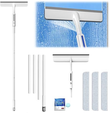 Doppelseitiges Sprüh-Fensterreinigungsgerät 3 in 1 Fensterabzieher Fenster Putzen - Fensterputzer Set Professionelles Fensterreinigungsset, Glaswischer für Dusche und Glastür (5 Wischpads)