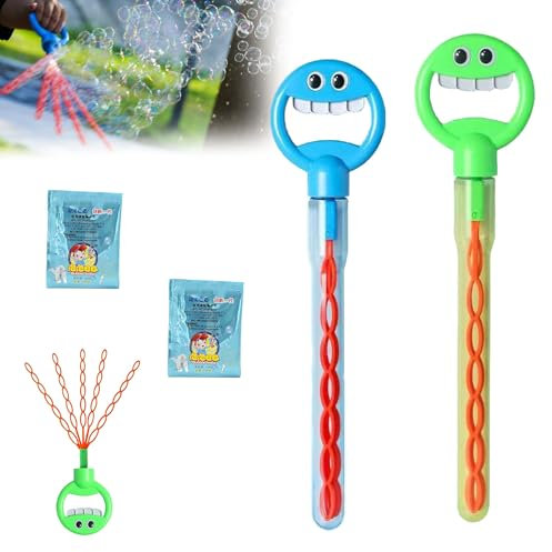 2Pcs 32 Hole Smiling Face Bubble Stick with Bubbles Refill, 32 Löcher Seifenblasen, Handheld Smiling Face Bubble Stick Blower Maker Spielzeug, 5 Klauen Smiley Blasen Zauberstabmacher