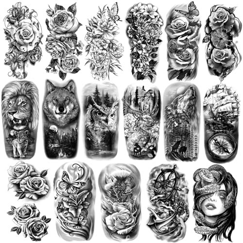 77 feuilles de tatouages temporaires pour hommes et femmes, demi-bras lion loup hibou serpent rose, faux autocollants de tatouage imperméables réalistes pour adultes